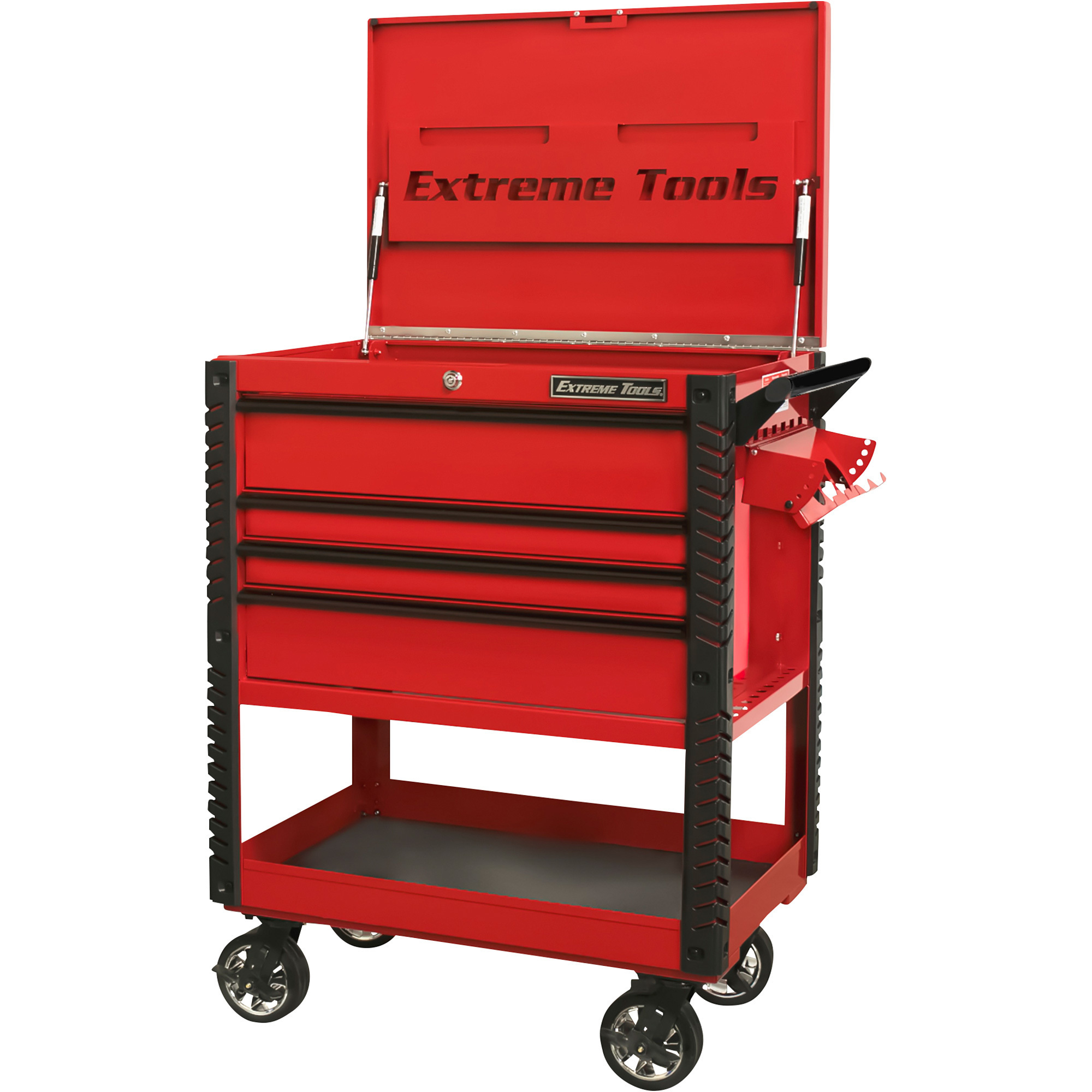 Extreme Tools EX Professional Series Deluxe Tool Cart - 33in. x 22.875in. x 44.25in., 4 Drawers, Red/Black, Lockable, Model# EX3304TCRDBK